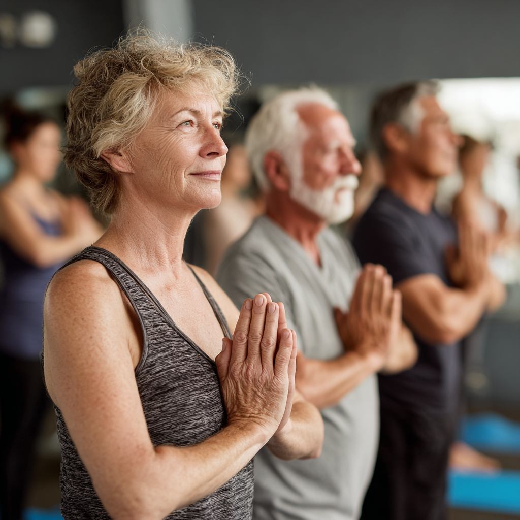 Group yoga session with mature adults practicing together in peaceful studio environment