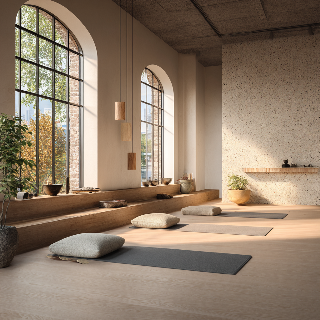 Peaceful yoga studio with natural light and meditation space for middle-aged practitioners
